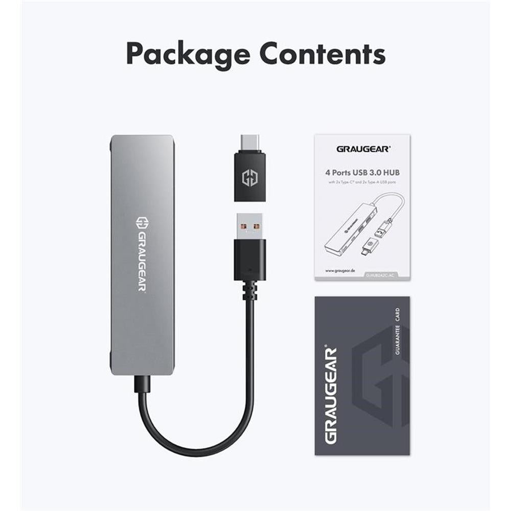 GRAUGEAR 4 Port USB 3.0 HUB 2x USB-C + 2x USB-A, Aluminiumgehäuse