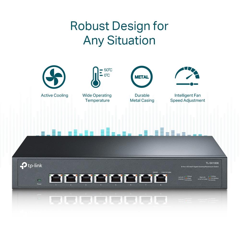 TP-Link TL-SX1008 8-Port 10G Multi-Gigabit Switch – Desktop/Rackmount, 160 Gbps, leiser Lüfter