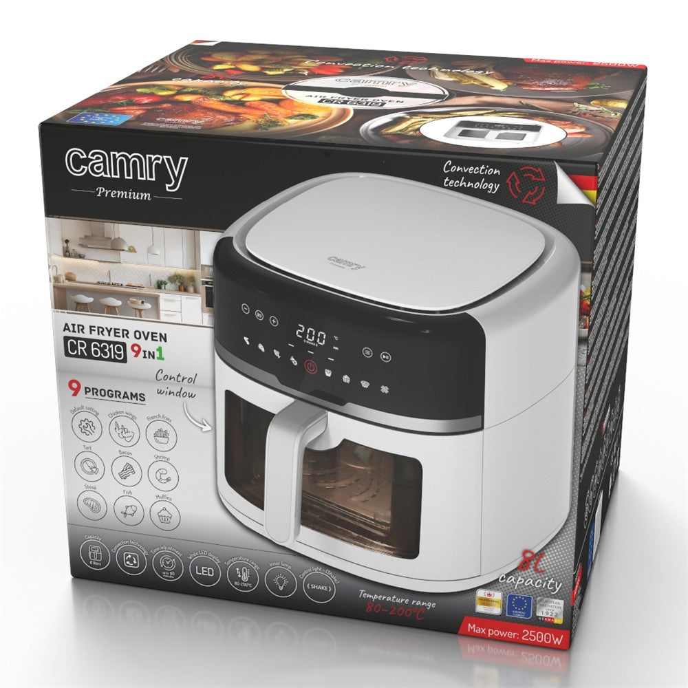 Camry CR 6319 Heißluftfritteuse 8L – XXL Air Fryer mit großem Fassungsvermögen, fettarme Zubereitung und modernes digitales Küchengerät