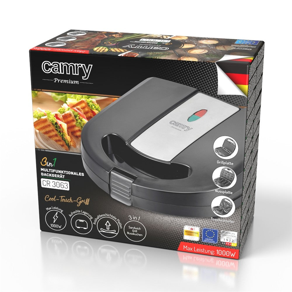 Camry CR 3063 Sandwichmaker 3-in-1, Kontaktgrill und Nusskuchen-Maker, wechselbare Antihaft-Platten, 750 W, Cool-Touch-Griff, vertikal lagerbar, Schwarz-Silber