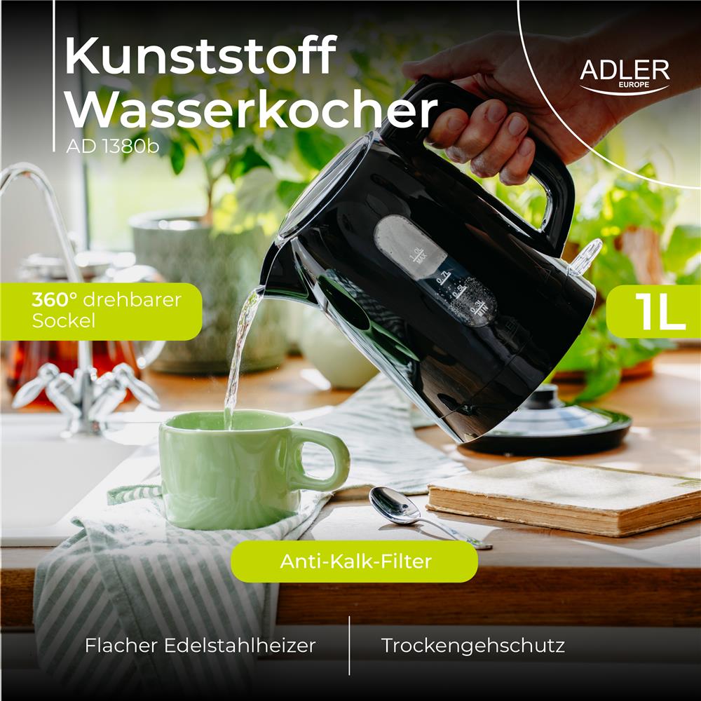 Adler AD 1380b Wasserkocher Kunststoff 1,0 l schwarz – kompakt & sicher
