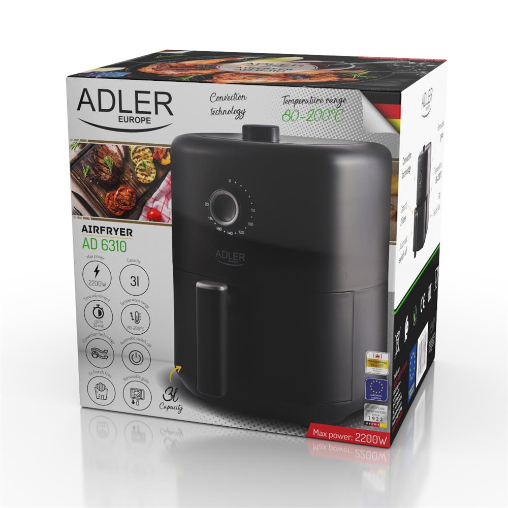 Adler AD 6310 Heißluftfritteuse 2200 Watt 3 L Schwarz Airfryer Fritteuse fettfrei Frittiergerät