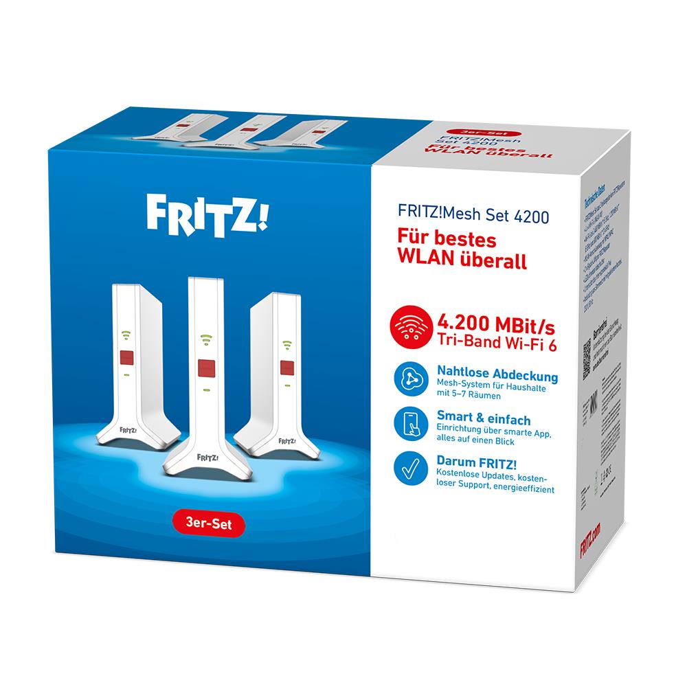 AVM FRITZ!Mesh Set 4200 3er-Set - Für bestes WLAN überall, Ideal für 5-7 Räume, Triband Wi-Fi 6
