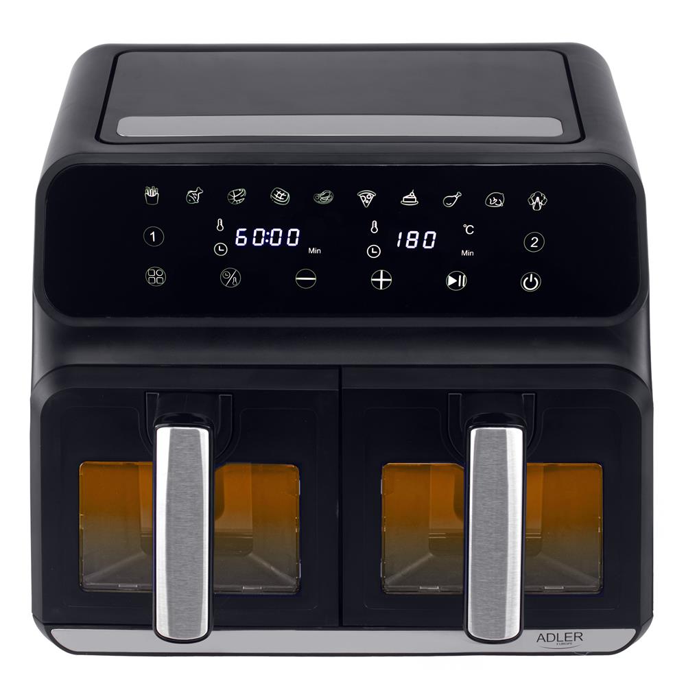 Adler AD 6315 Doppel Heißluftfritteuse mit Sichtfenster 8L Airfryer 2 Fächer schwarz