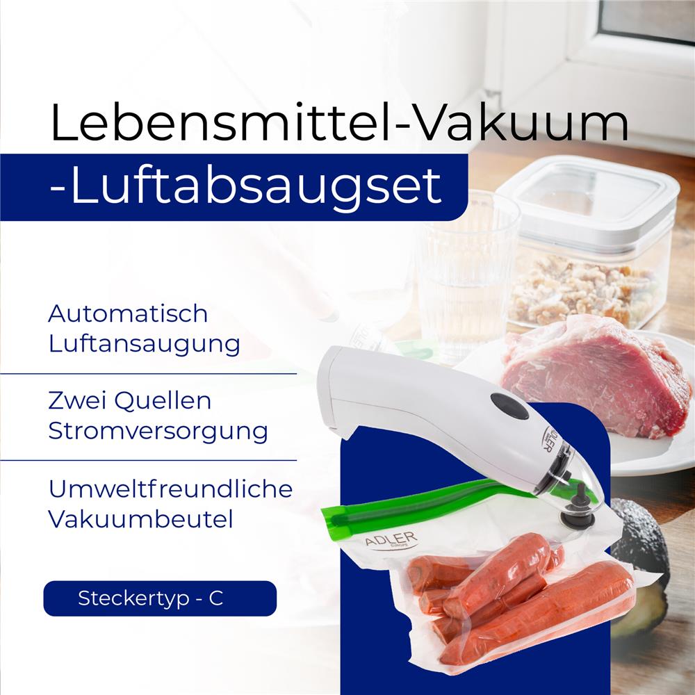 Adler AD 4515 mobiles Vakuumierungsgerät Lebensmittel Vakuumierer Set Vakuumierungsbeutel weiß
