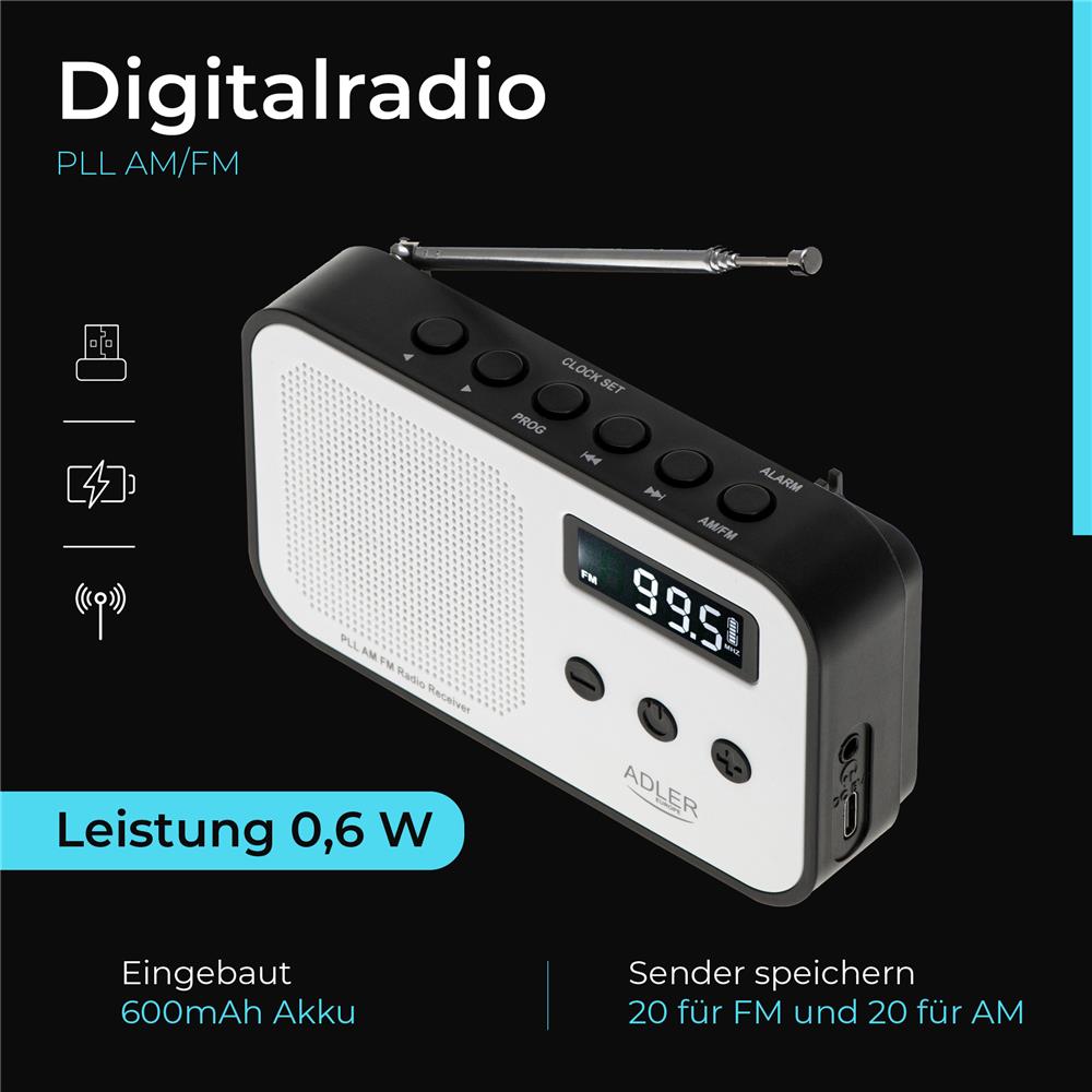 Adler AD 1907 PLL AM/FM-Digitalradio modernes Radio USB C Wecker weiß schwarz