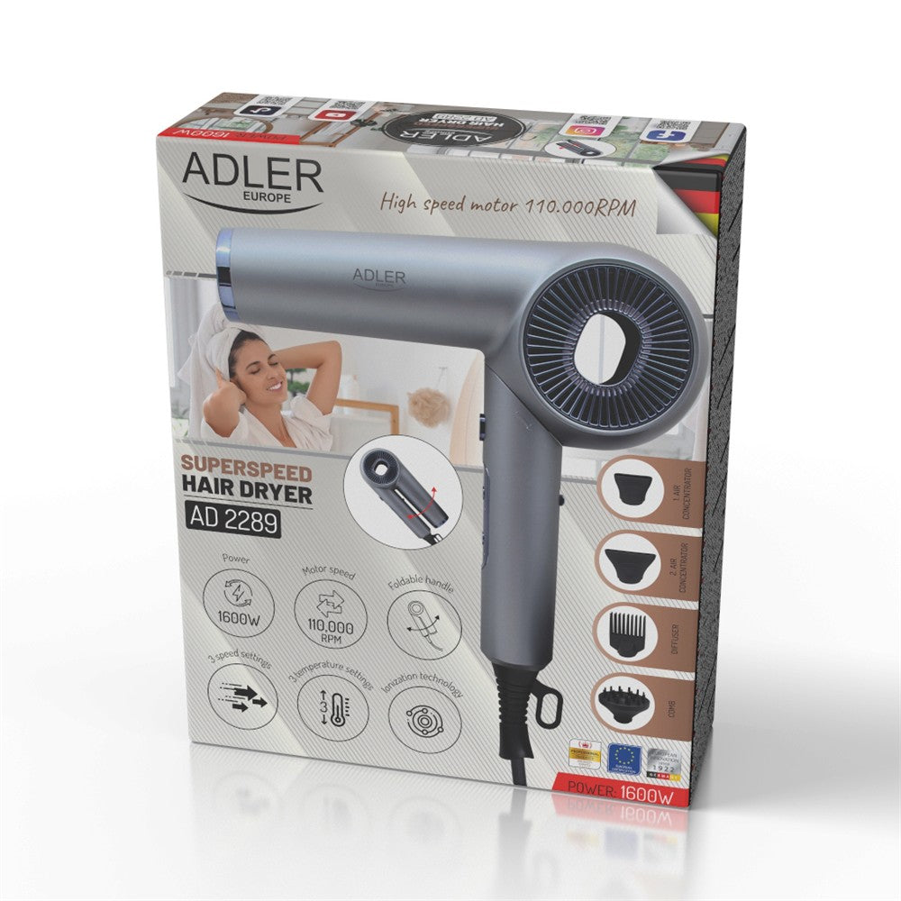 Adler AD 2289 SUPERSPEED Haartrockner mit Ionen-Technologie, 1600W, brushless Motor, 110.000 U/min, 4 Aufsätze, Diffusor, klappbarer Griff, Schwarz