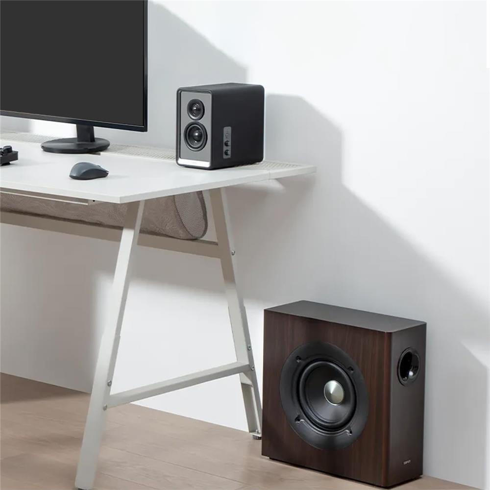 Edifier T5s – Aktiver 8" Subwoofer, 70W RMS, 35 Hz Bass, Braun Holzoptik