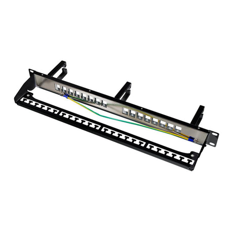 LogiLink 19" Keystone Panel 16-Port – Geschirmt, mit Kabelmanagement-Bügeln, Schwarz