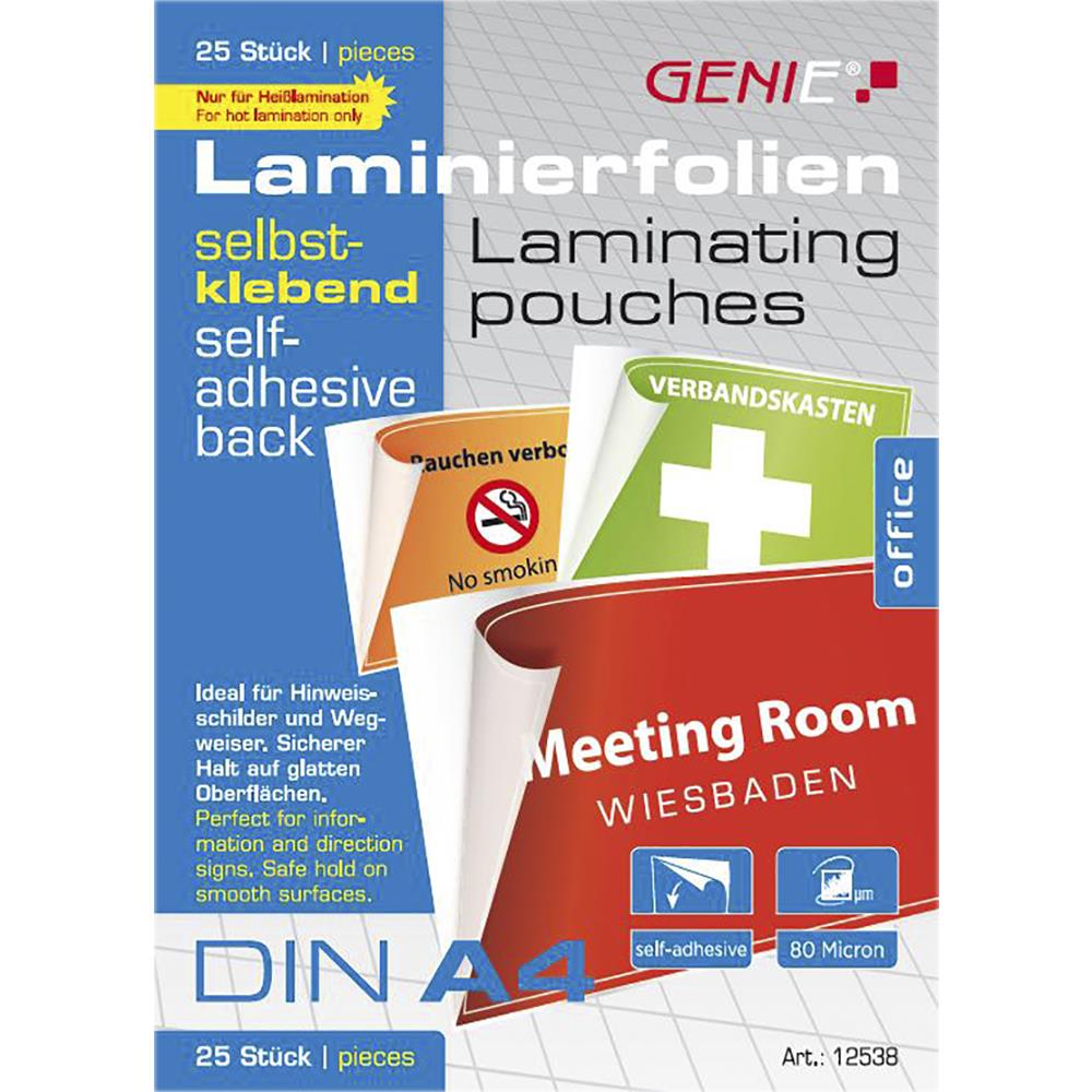GENIE Laminierfolien DIN A4 80 Mikron selbstklebend 25e
