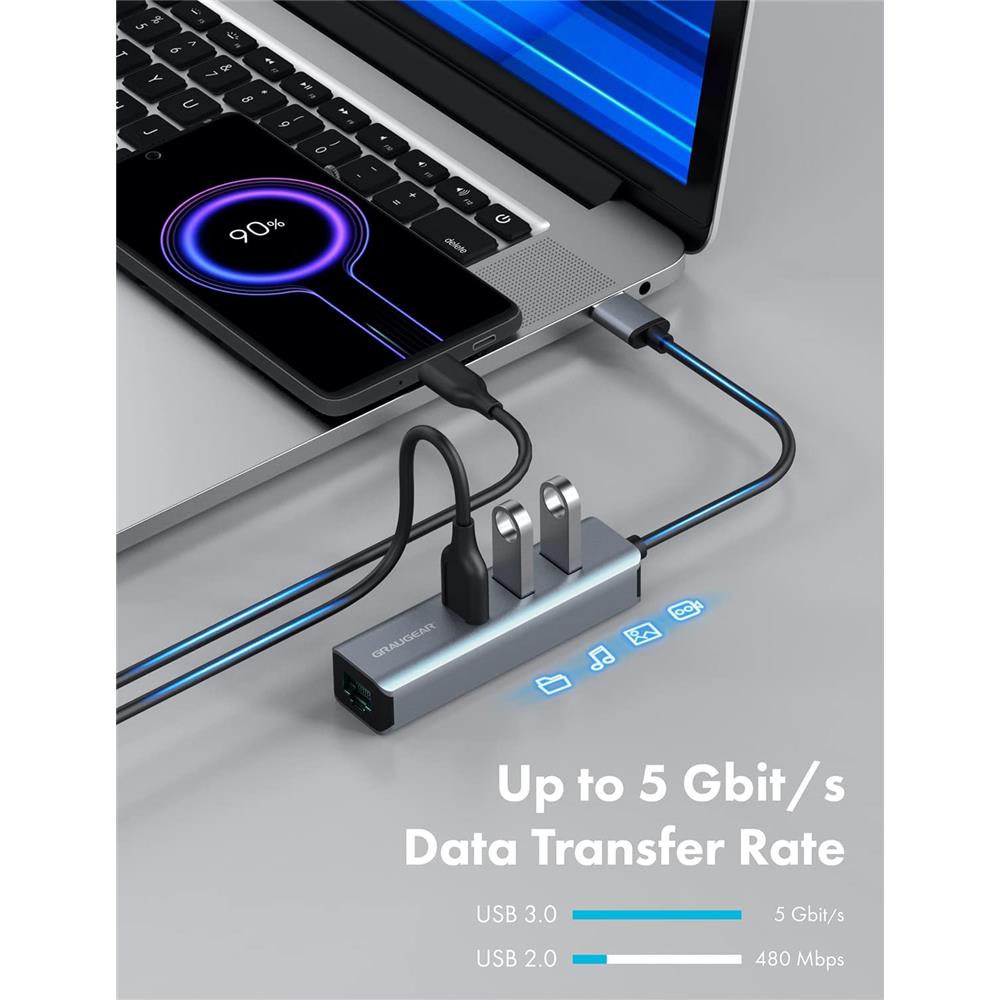 GRAUGEAR 3 Port USB HUB mit Gigabit LAN inkl. USB-C zu USB-A Adapter Erweiterung Aluminium Gehäuse