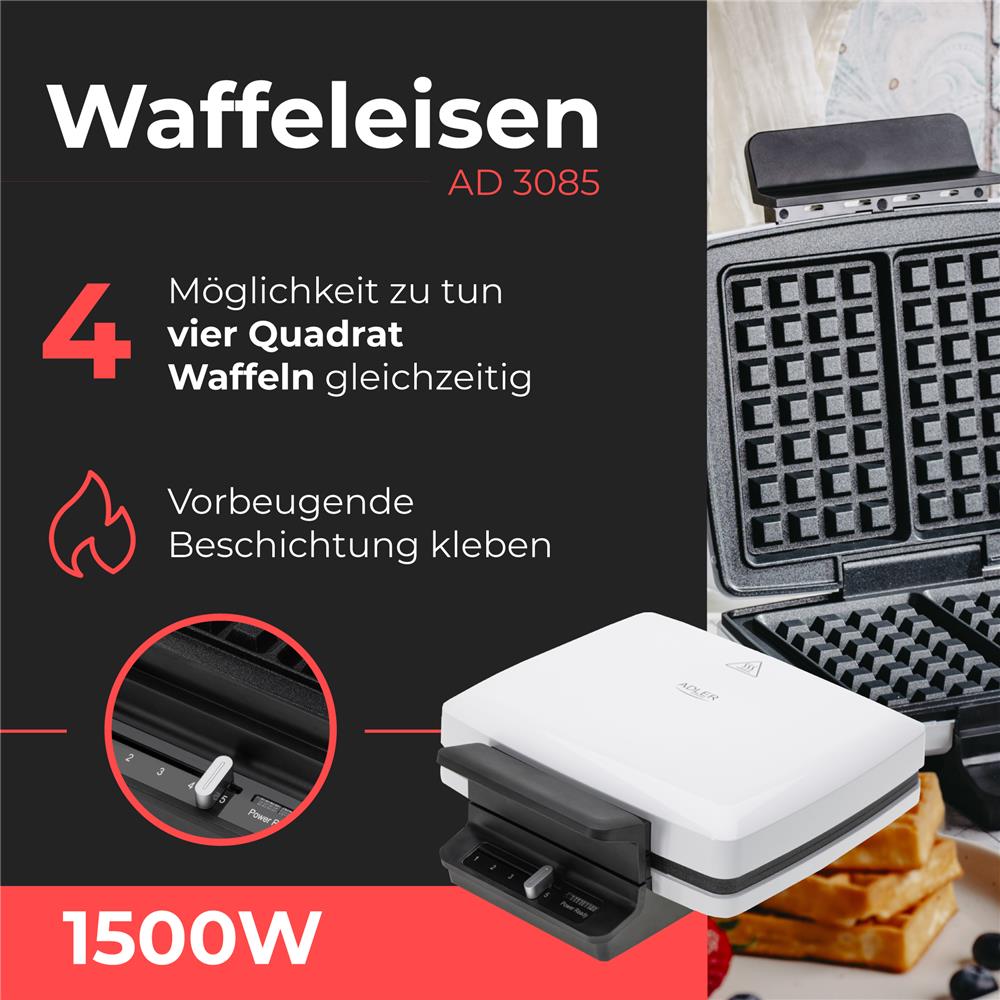 Adler AD 3085 Waffeleisen für Belgische Waffeln mit Antihaftbeschichtung Weiß