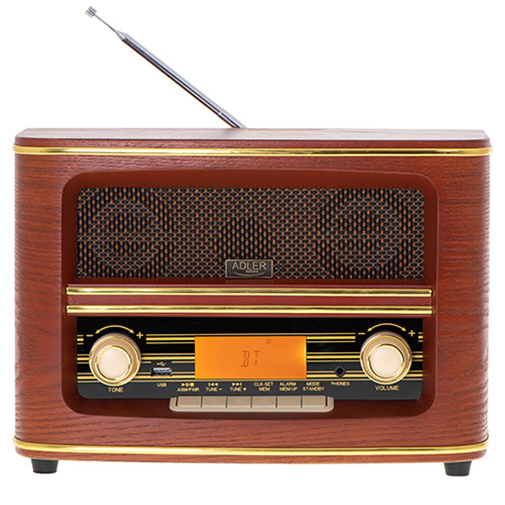 Adler AD 1187 Retro Radio mit Bluetooth Holz Optik USB AUX Anschluss Stereo Wecker Uhrzeit LCD Anzeige