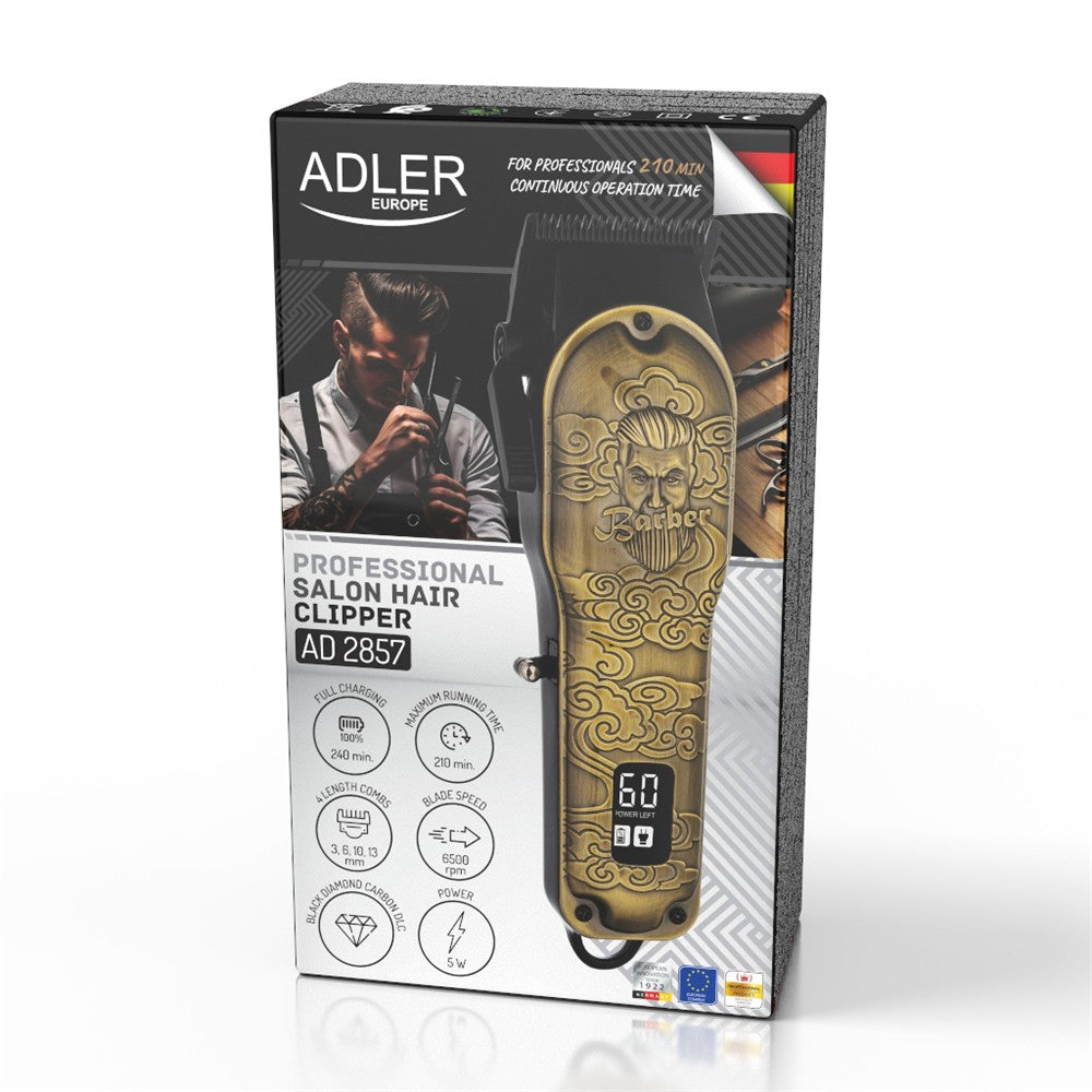 Adler AD 2857 Barber Profi Haarschneider Trimmer, Rasierapparat Haartrimmer für Bart, Kopfhaar und Koteletten, Keramikklinge, USB-C, Metallgehäuse Golden