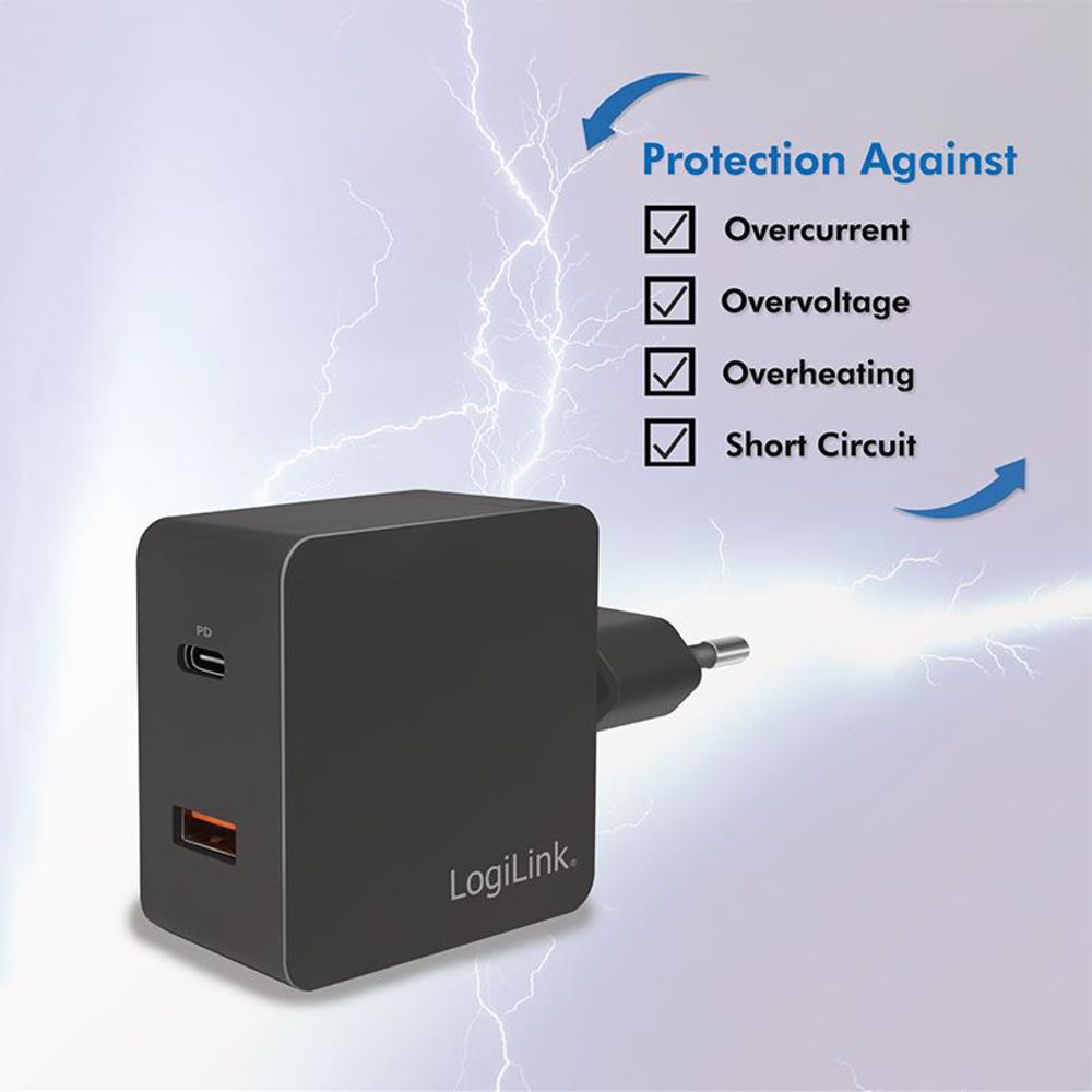 LogiLink Schnellladeadapter Dual-USB mit USB-C (PD) und USB-A (QC), 18W, Schwarz