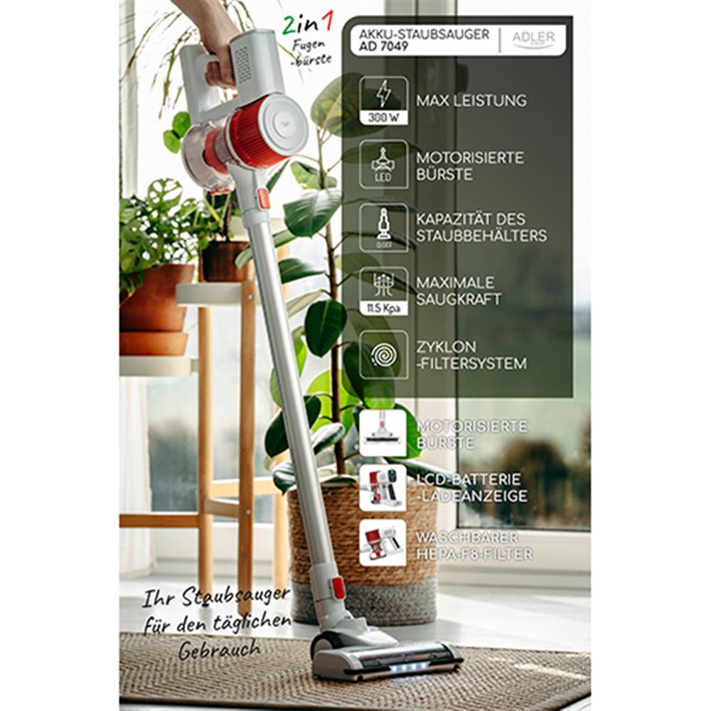 Adler AD 7051 Akku Staubsauger 300W kabellos Stabstaubsauger LED Licht weiß