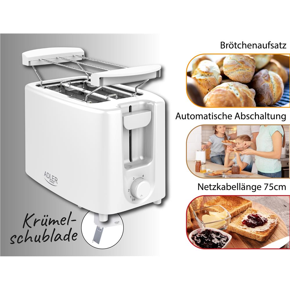 Adler AD 3223 Toaster für 2 Scheiben in Weiß, 900W, mit 6 Stufen, Brötchenaufsatz und Krümelfach