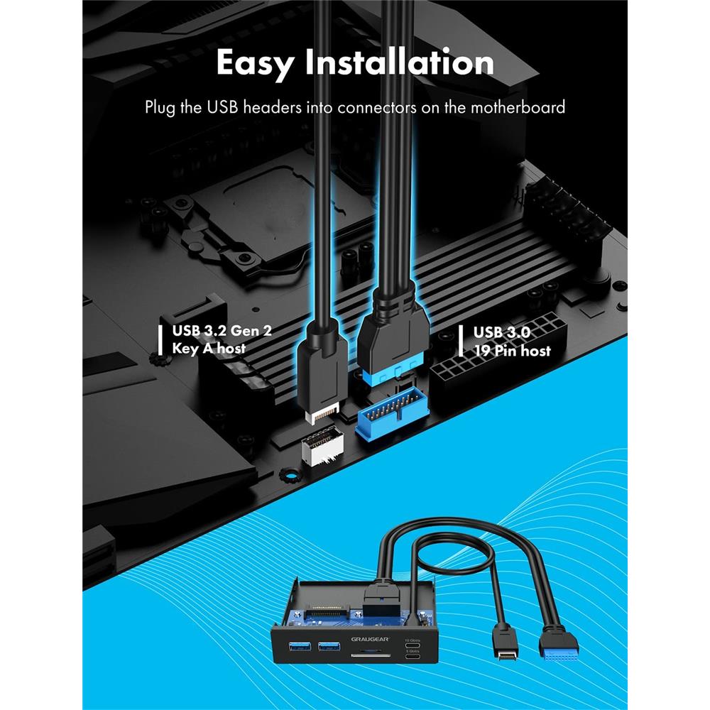 GRAUGEAR Multi Frontblende mit USB Hub Kartenleser Front Panel 2 x USB--C 20 Gbit/s 2 x USB-A Frontpanel 3,5" Schacht USB3.2 Gen2 Key-A 20 pin