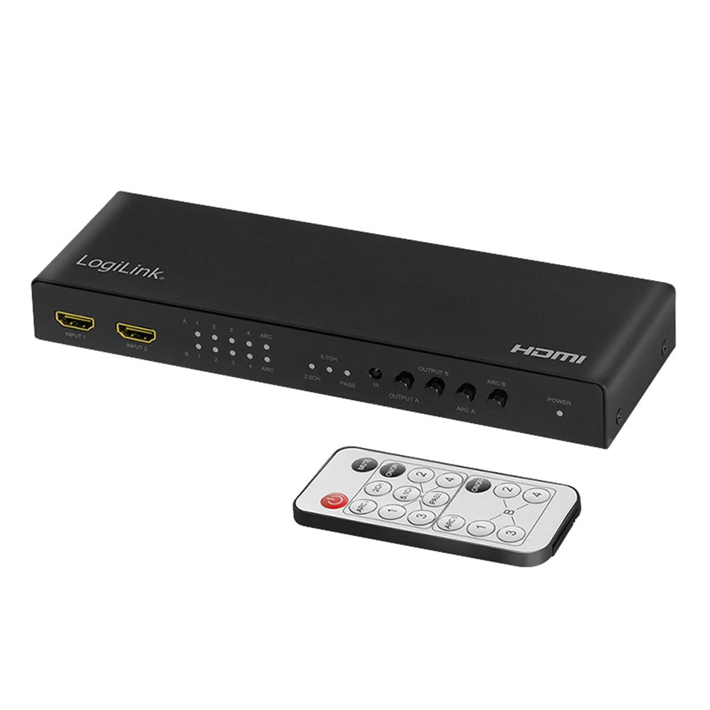 LogiLink HDMI-Switch, 4x2-Port, Matrix, 4K/60 Hz, HDR, ARC, Scaler, RC