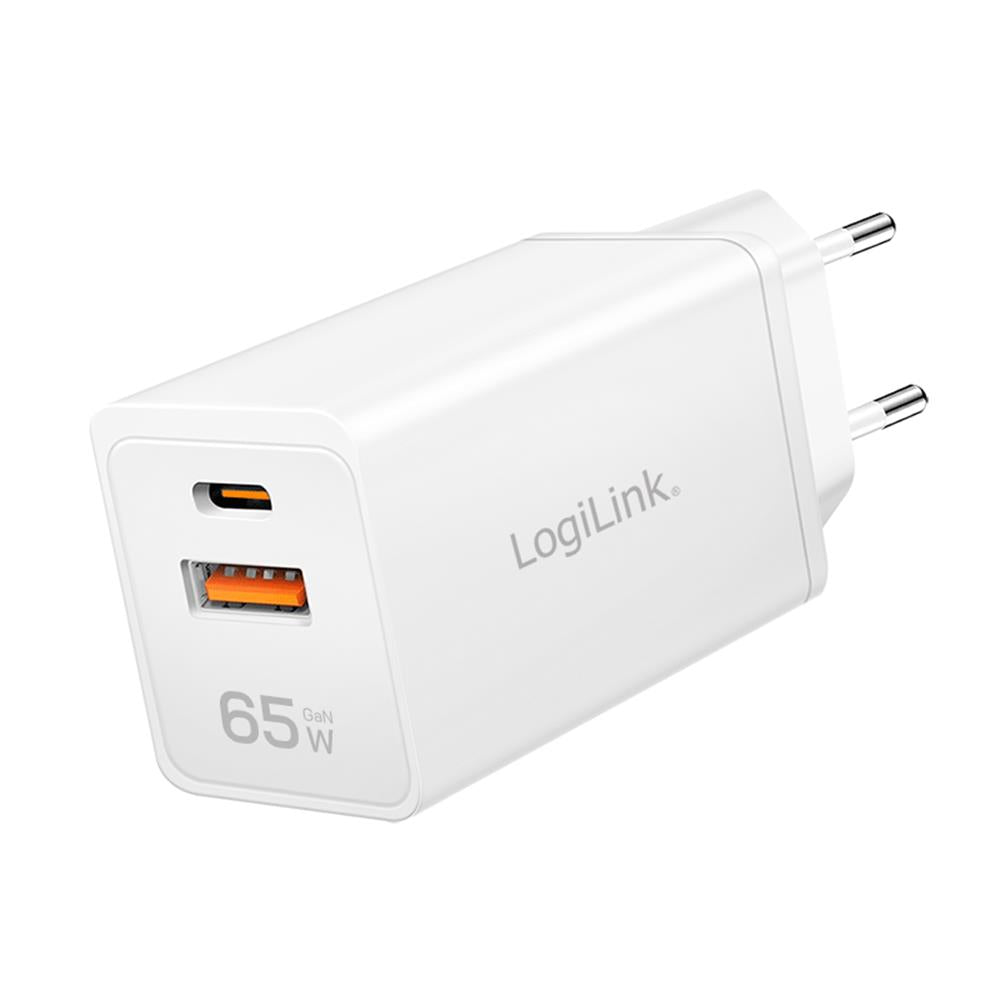 LogiLink Dual-USB Steckdosenadapter, 65 W, GaN, 1x USB-C PD, 1x USB-A QC, Weiß