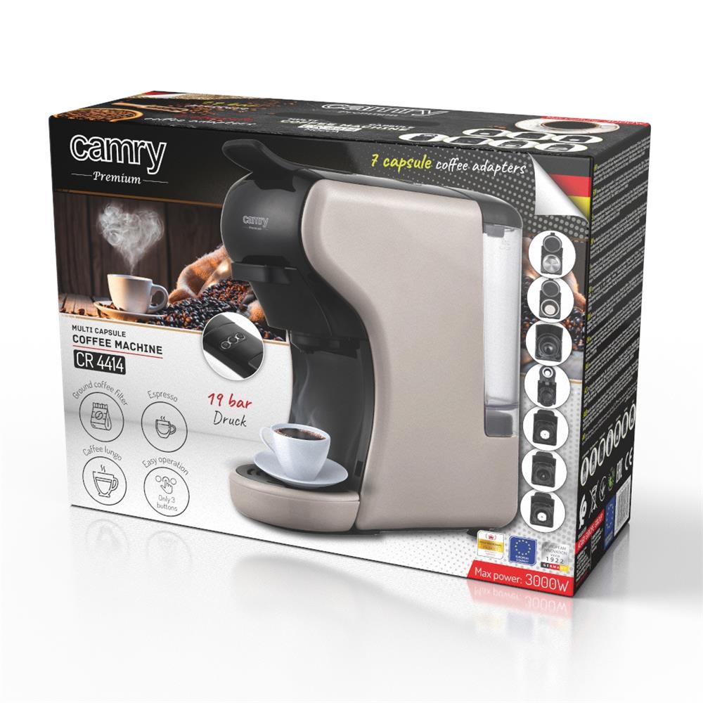 Camry CR 4414bm Multi-Kapsel-Espressomaschine, 19 bar Kaffeemaschine für Kapseln, Pads und gemahlenen Kaffee, kompakt fürs Büro und Zuhause, Mocca/Schwarz