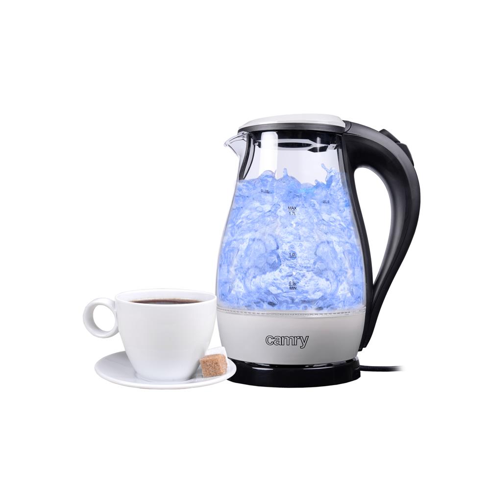 Camry Wasserkocher Glas 1,7L CR 1251w weiß LED beleuchtet kabellos 2200 Watt Glaswasserkocher