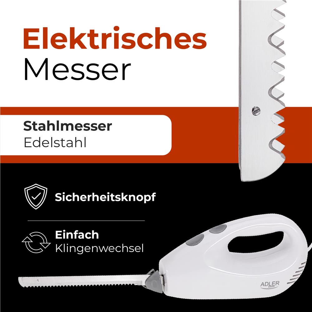 Adler AD 4512 Elektromesser elektrisches Küchenmesser aus Edelstahl Weiß