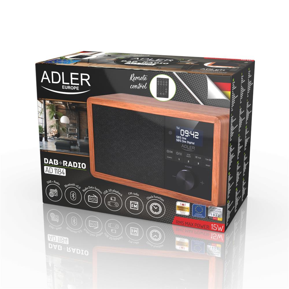 Adler AD 1184 Radio DAB+ Bluetooth 5.0 FM/UKW Holzgehäuse Wecker Uhr Fernbedienung