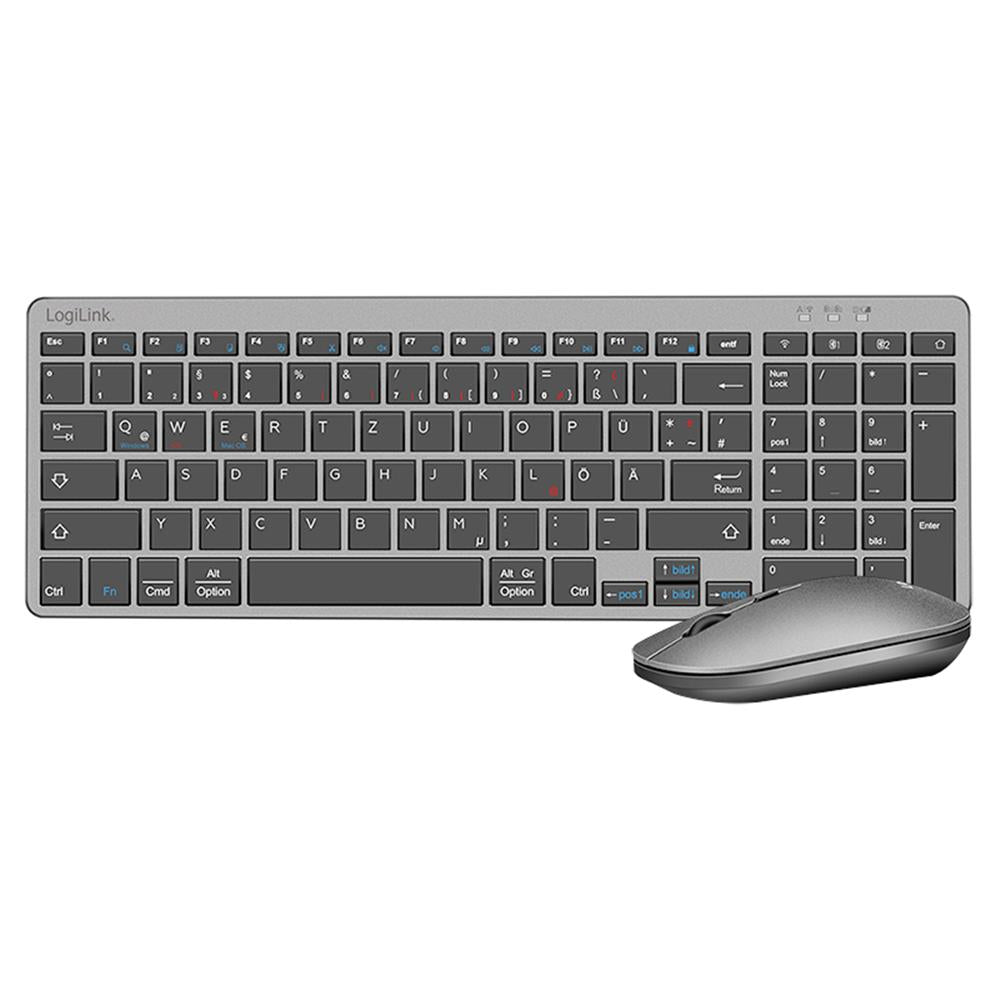 LogiLink 2,4 GHz & Bluetooth 5.0 Dual-Mode Tastatur-Maus-Set – Aluminium, Grau