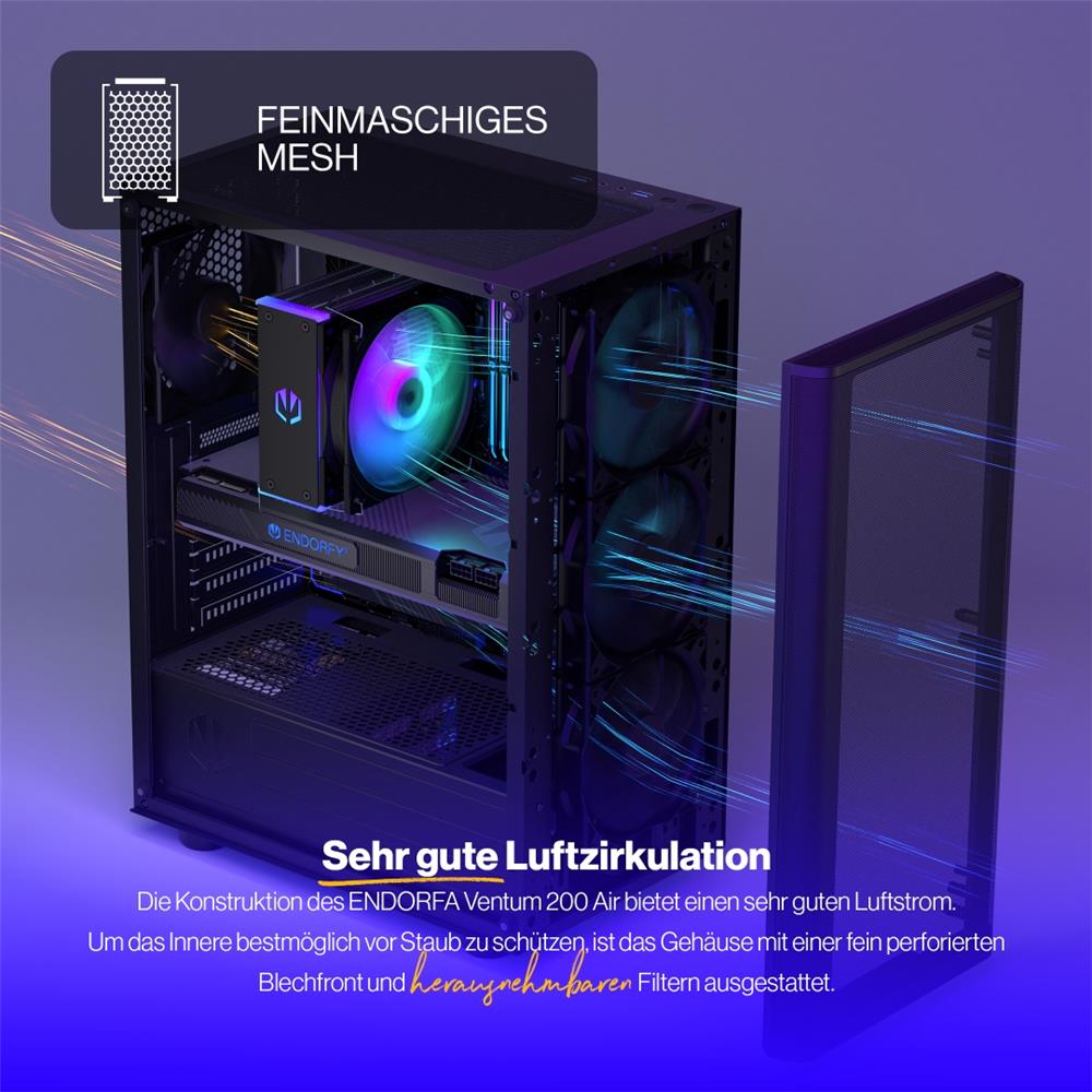 ENDORFY Ventum 200 Air, ATX PC-Gehäuse, inkl. 4x 120mm PWM-Lüfter, Frontblende aus Mesh, Seitenteil aus gehärtetem Glas | EY2A002