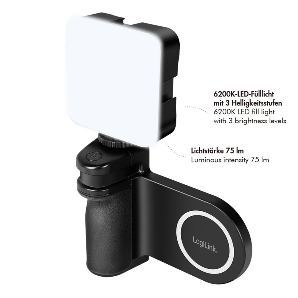 LogiLink Magnetischer Smartphone-Griff mit LED-Licht & BT5.2 Kameraauslöser – MagSafe-kompatibel