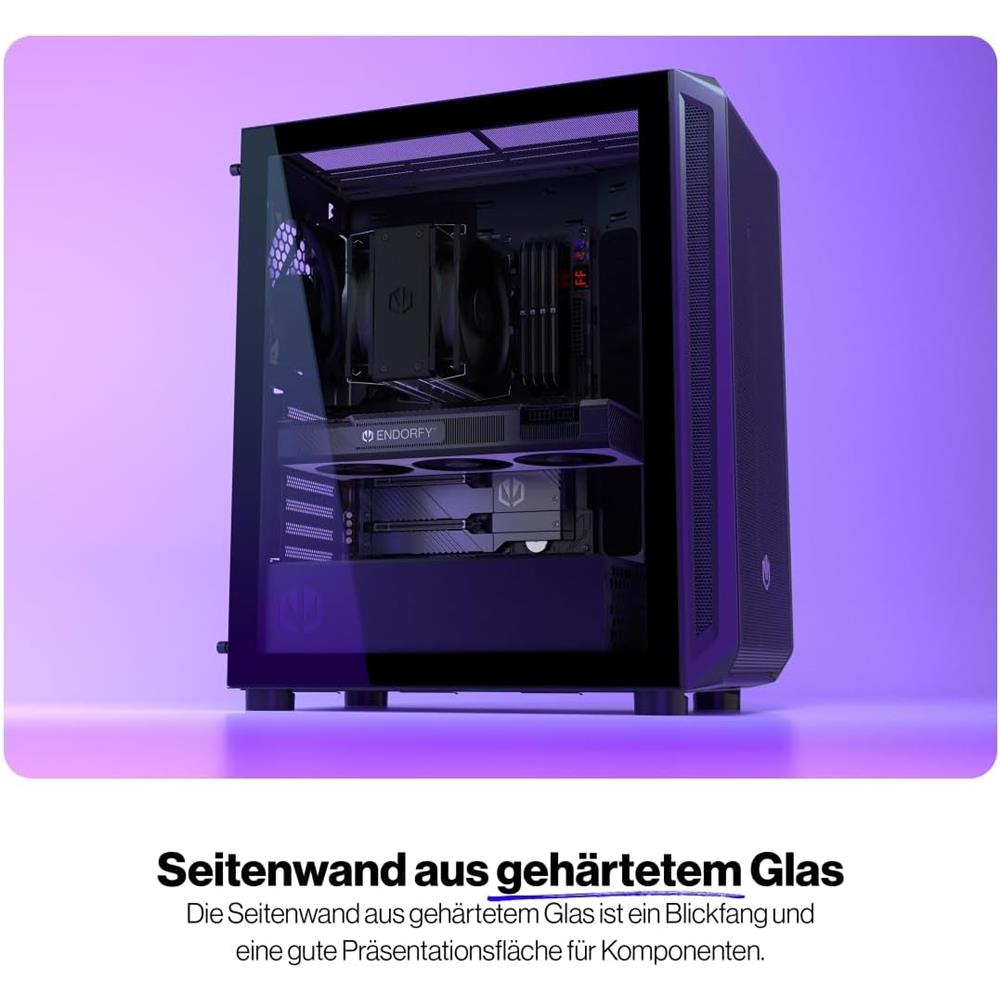ENDORFY Arx 500 Core, PC-Gehäuse, schwarz, mit 2x140-mm-Lüfter, Seitenwand aus gehärtetem Glas