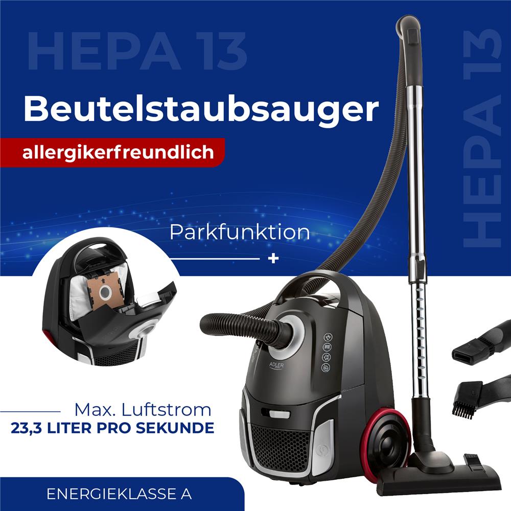 Adler AD 7054 Beutelstaubsauger allergikerfreundlich Bodenstaubsauger Staubsauger schwarz