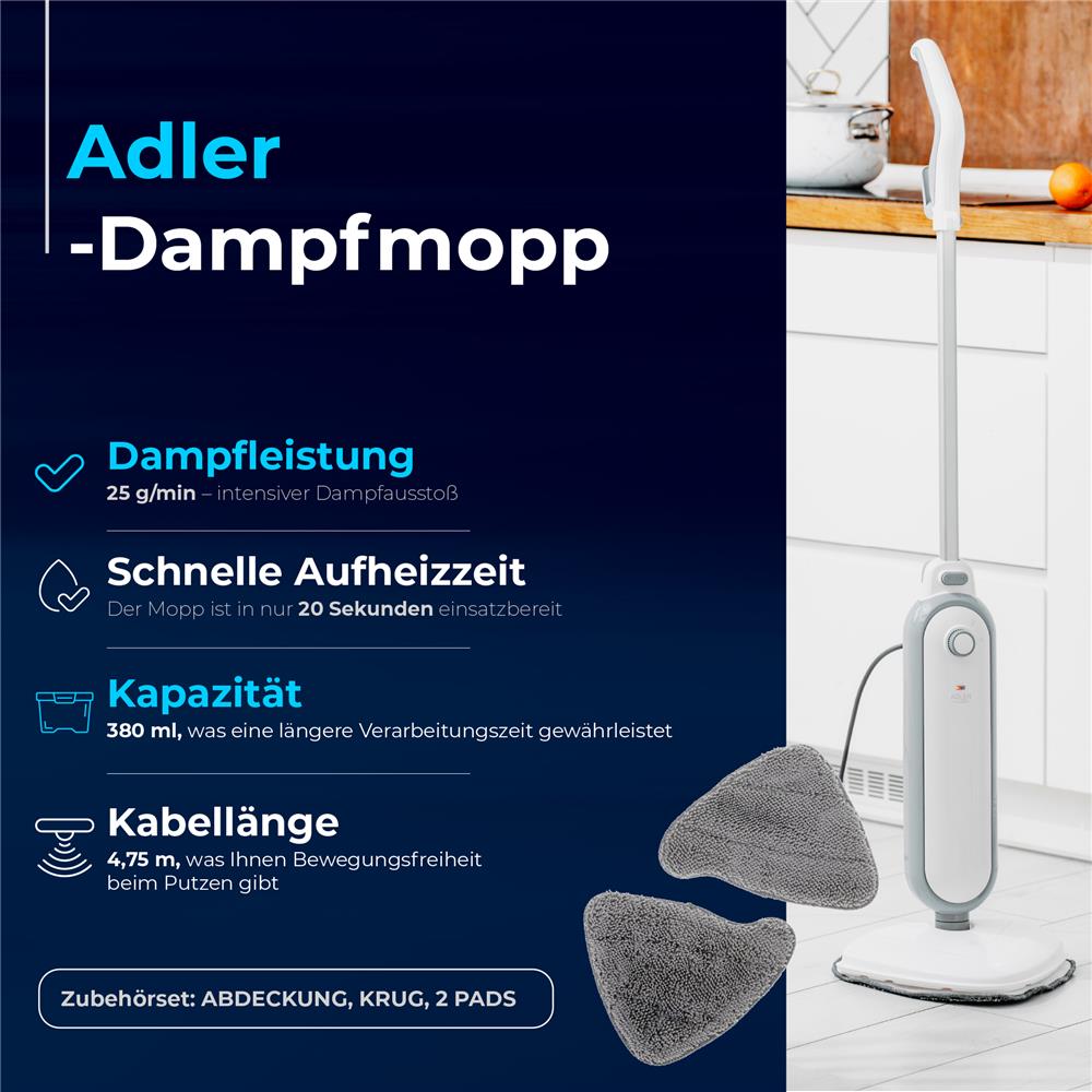 Adler AD 7057 Dampfreiniger Dampfmopp mit Reinigungspads 1300 W schnelle Aufheizzeit weiß grau