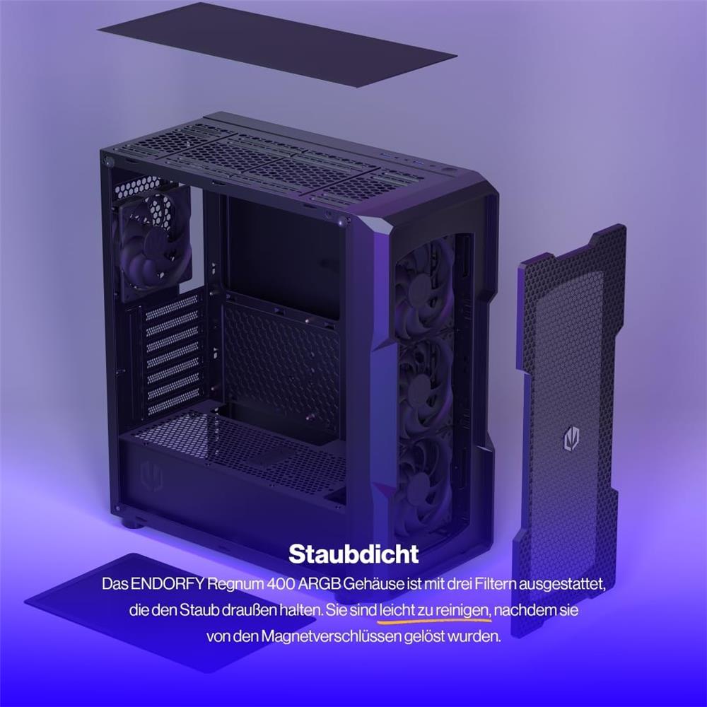 ENDORFY Regnum 400 Air, ATX PC-Gehäuse, inkl. 4x 120mm PWM-Lüfter, Seitenteil aus gehärtetem Glas | EY2A008