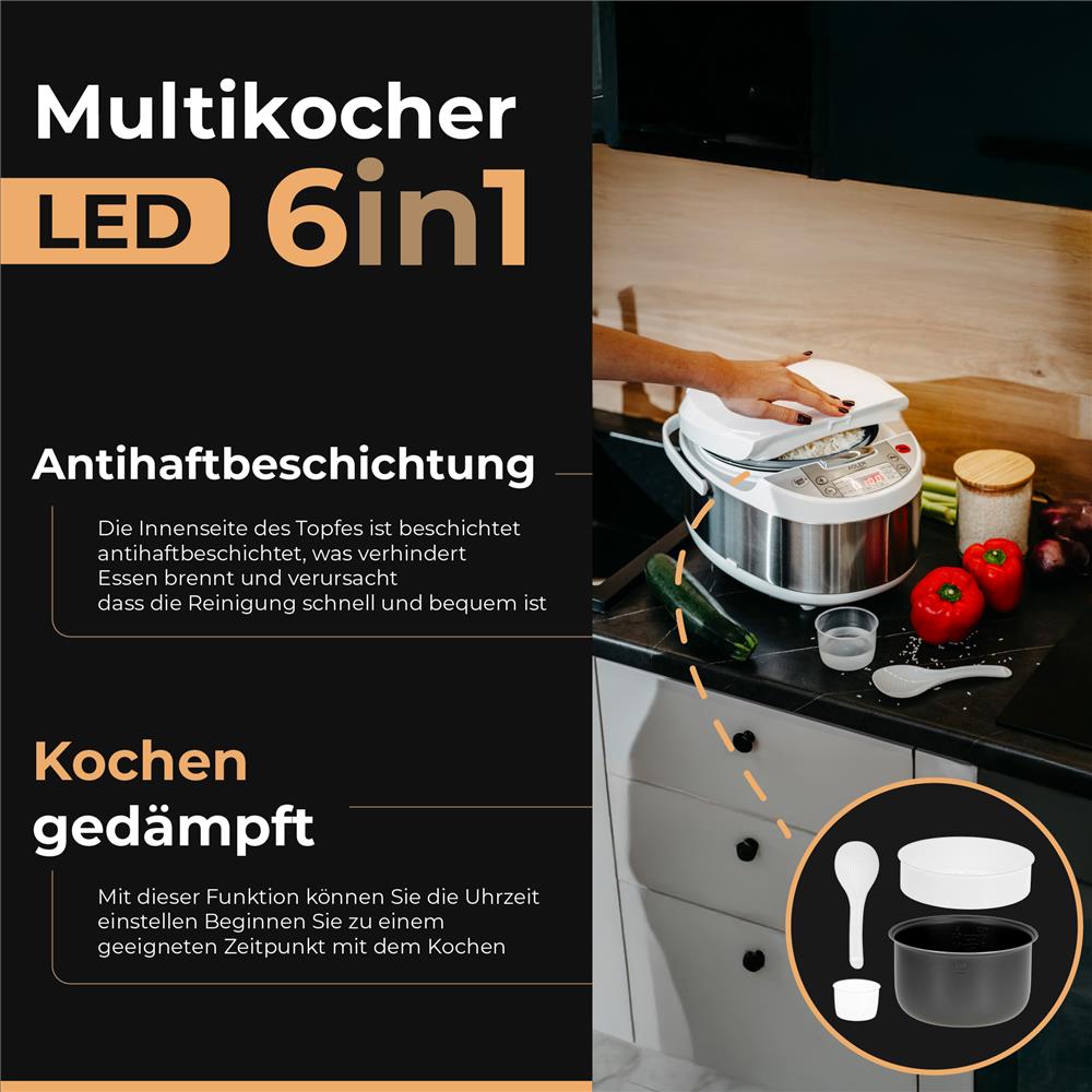 Adler AD 6420 Multikocher 6 Programme 700W Reiskocher Dampfgarer Schongarer weiß silber