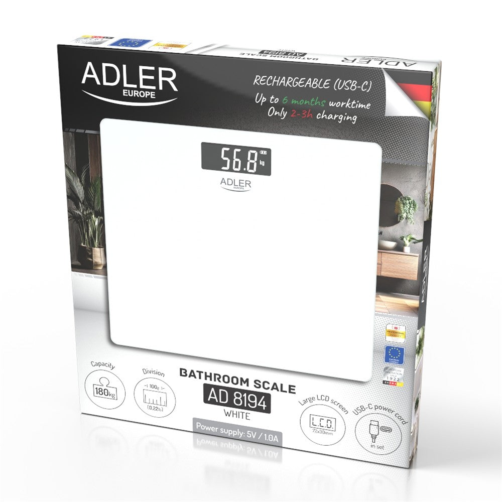 Adler AD 8194W Personenwaage Digital bis 180 kg, USB-C Akku Waage mit LCD Display, 100 g Genauigkeit, Glaswaage für Bad & Körpergewicht, Weiß