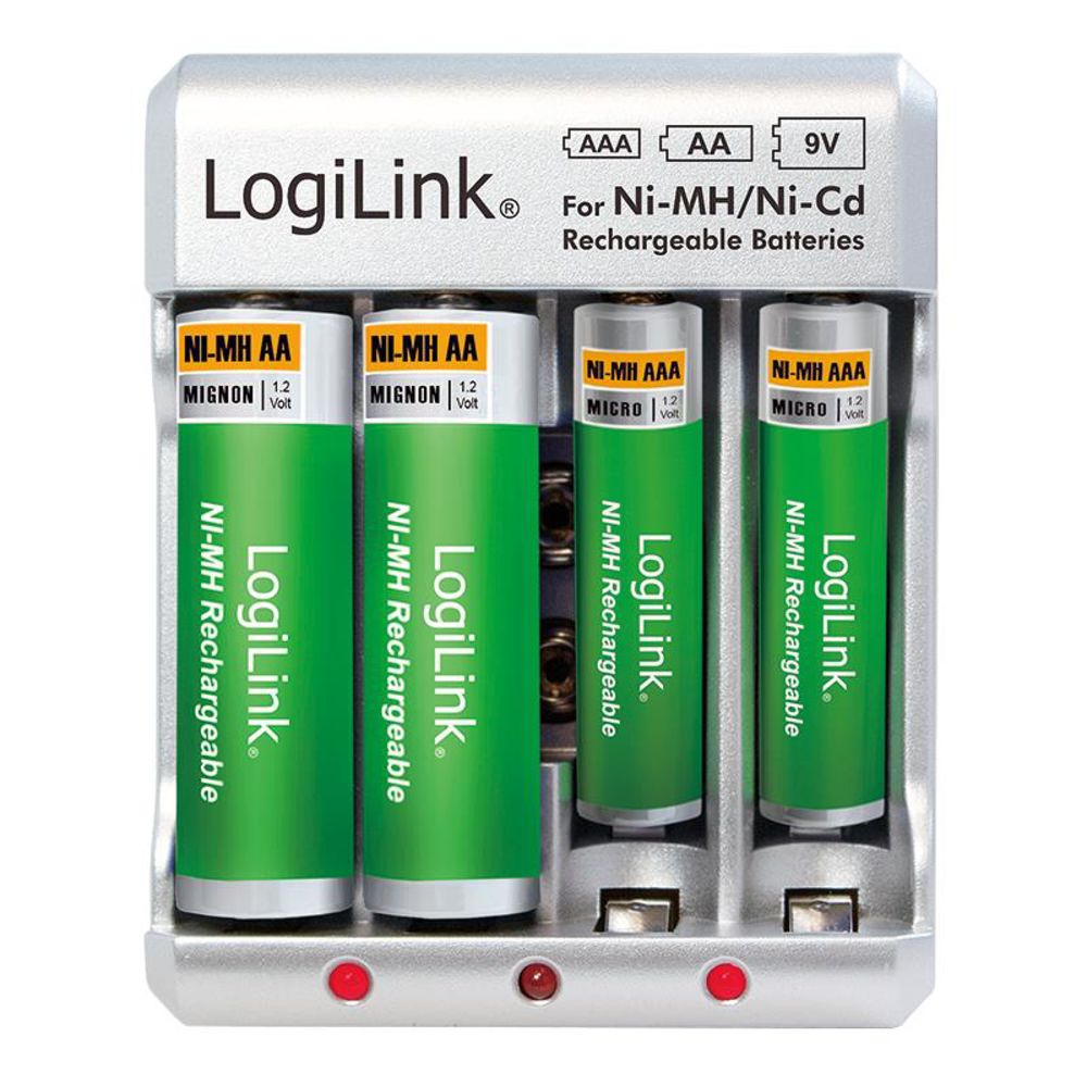 LogiLink Batterie Ladegerät für AA AAA 9V Ni-MH Ni-Cd Akkus LED Anzeige Überladeschutz