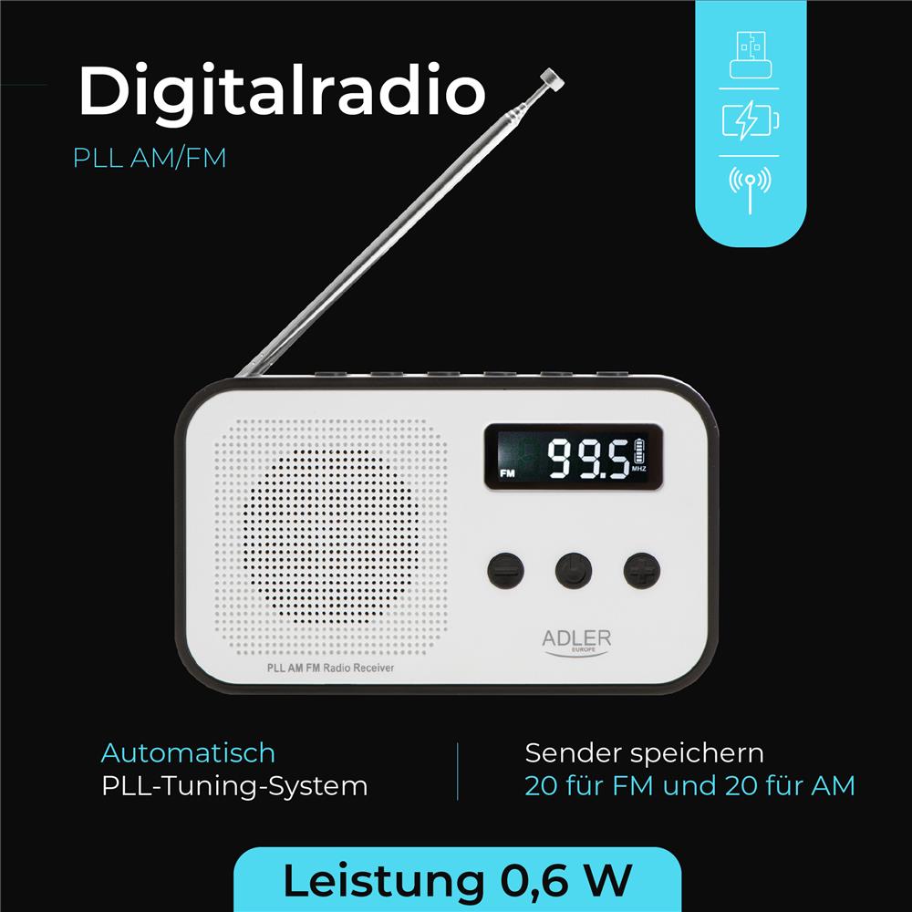 Adler AD 1907 PLL AM/FM-Digitalradio modernes Radio USB C Wecker weiß schwarz