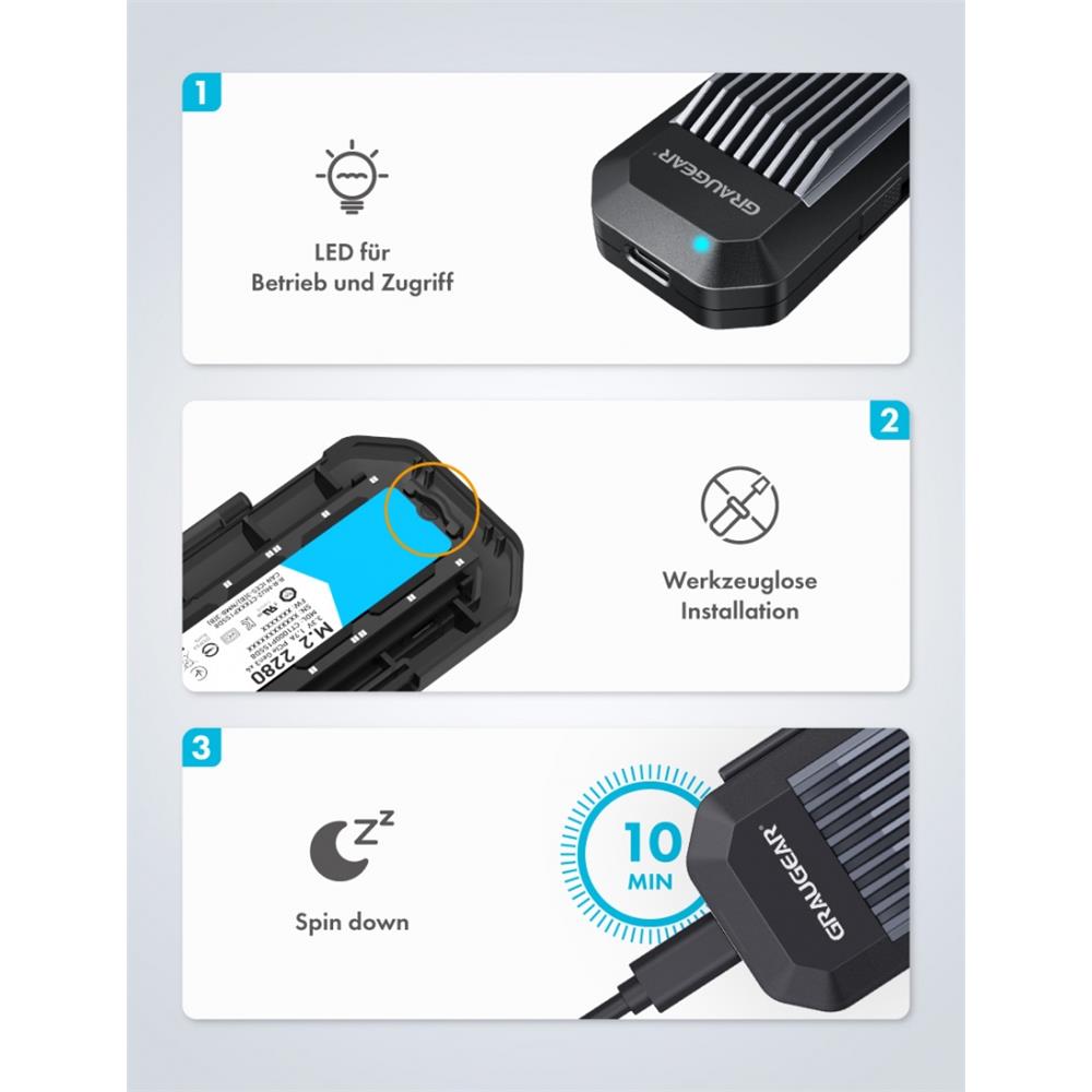 GRAUGEAR USB Type-C Gehäuse für M.2 NVMe SSD, Aluminiumgehäuse, integrierten Aufbewahrungsbox