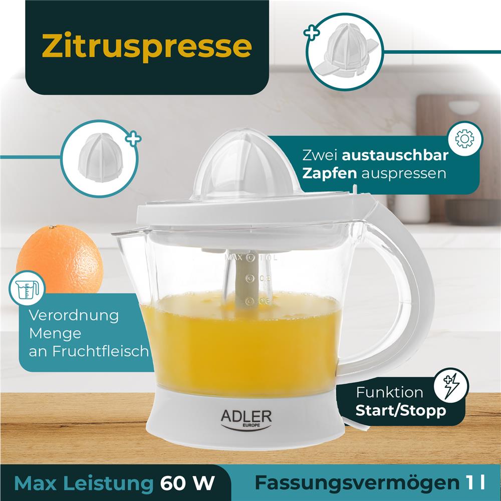 Adler AD 4014 elektrische Zitruspresse 1L Saftpresse Orangenpresse weiß