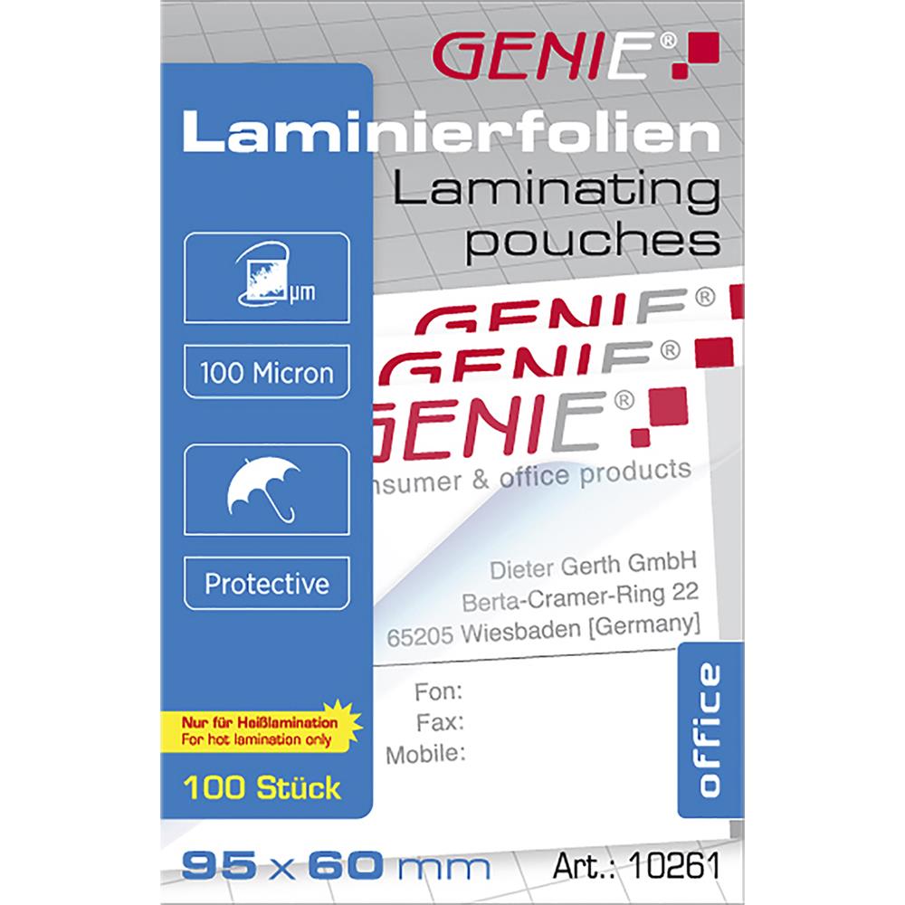 GENIE Laminierfolien im Visitenkarten Format 95 x 60 mm 100 Mikron 100 Stück