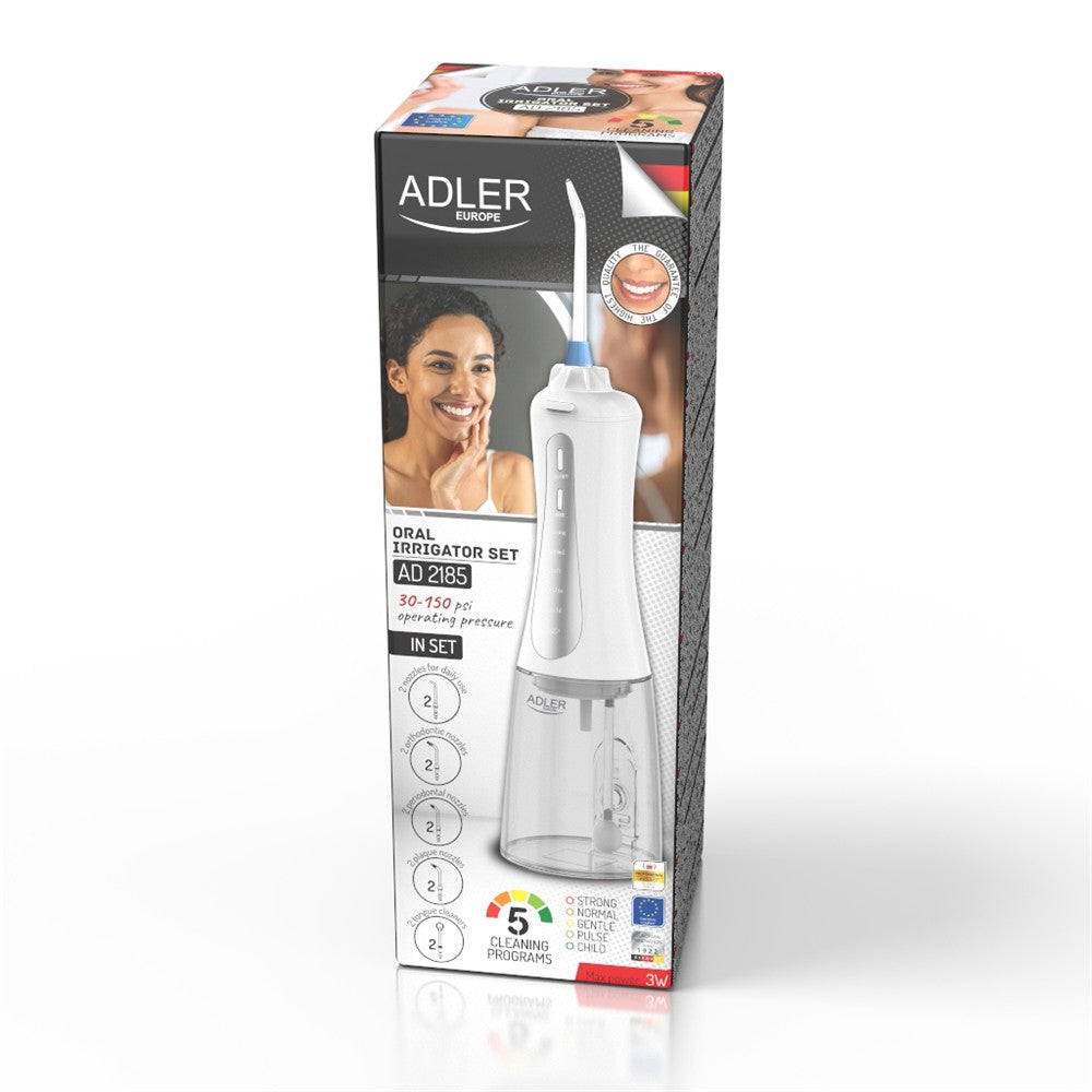 Adler AD 2185 Munddusche Weiß 350ml 5 Modi 10 Aufsätze USB-C 1800mAh