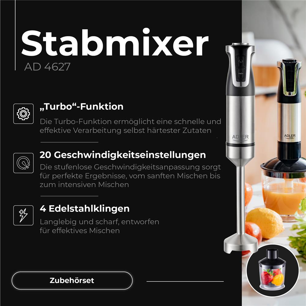Adler AD 4627 Stabmixer Set elektrischer Handmixer Schneebesen Milchaufschäumer Turbo Funktion silber