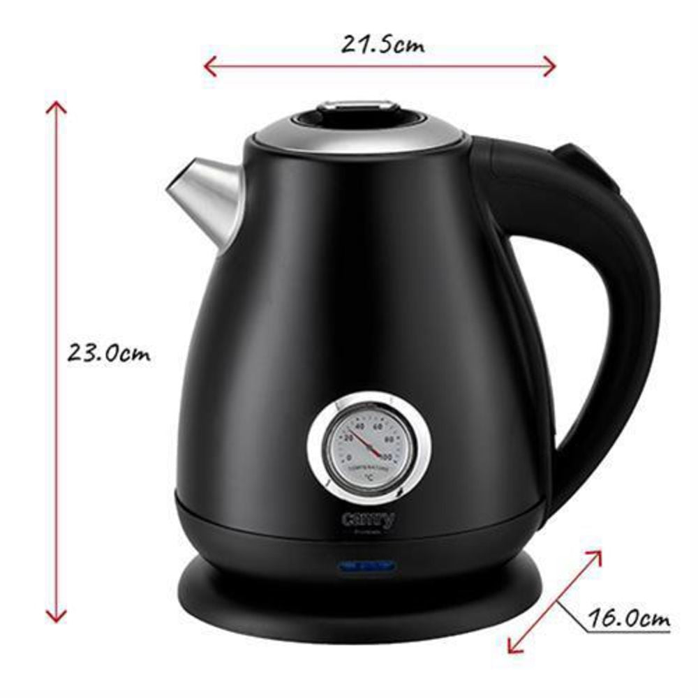 Camry CR 1344b Retro Wasserkocher mit Thermometer, 1,7 L Edelstahl Wasserkocher mit analoger Temperaturanzeige, 360° Basis, Kalkfilter, Teekocher für Tee, Kaffee, Schwarz
