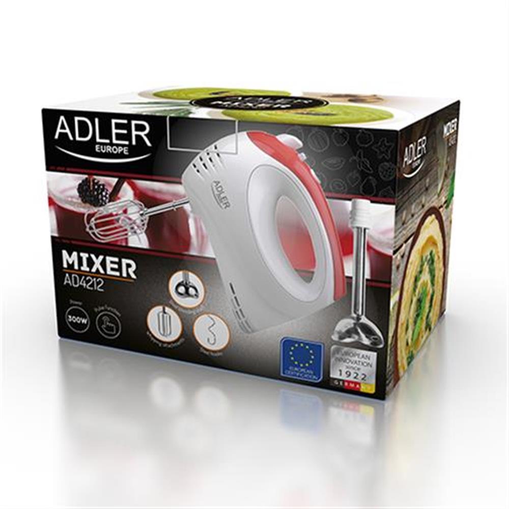 Adler AD 4212 Mixer Handmixer Rot Weiß 300 Watt Handrührgerät Stabmixer Knethaken 5 Geschwindigkeiten