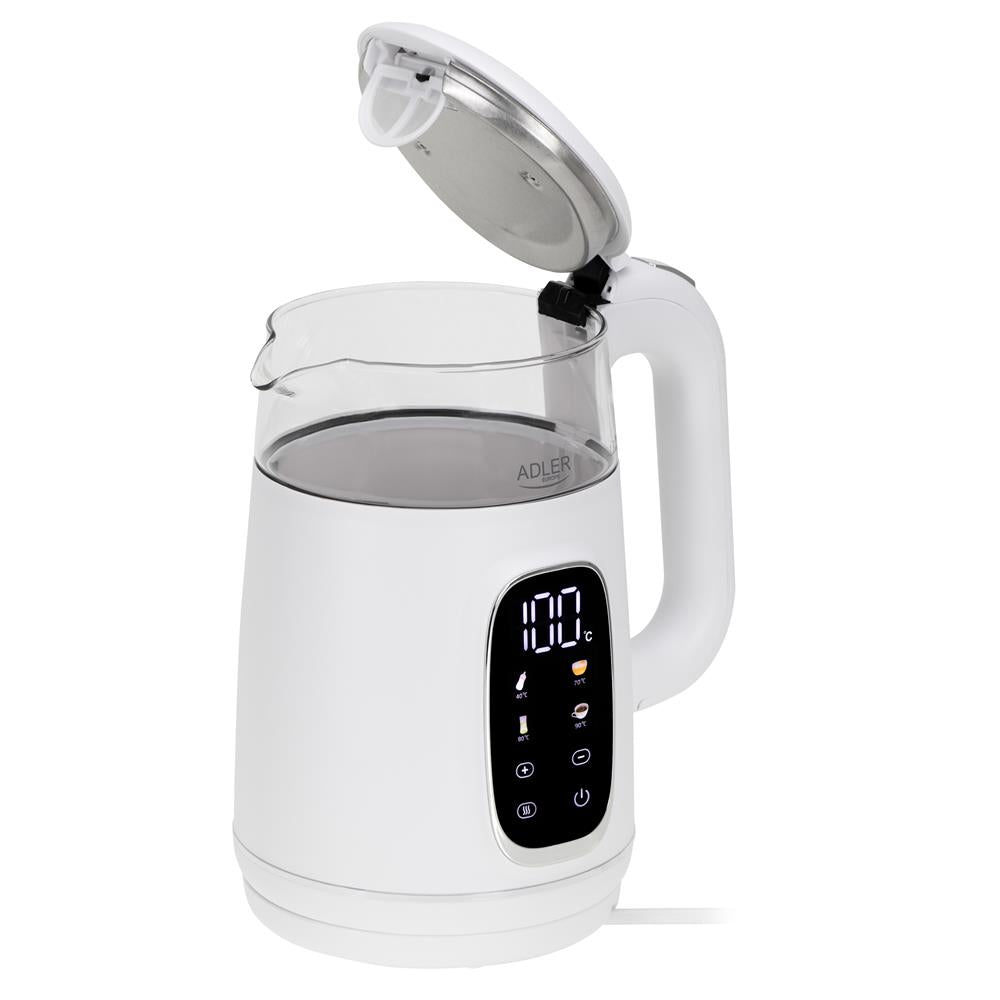 Adler AD 1305 Glas-Wasserkocher 1,7 L mit Temperaturwahl 40–100°C, LED-Display, Warmhaltefunktion 2 Std., 2200 W, Touch-Bedienung weiß silber