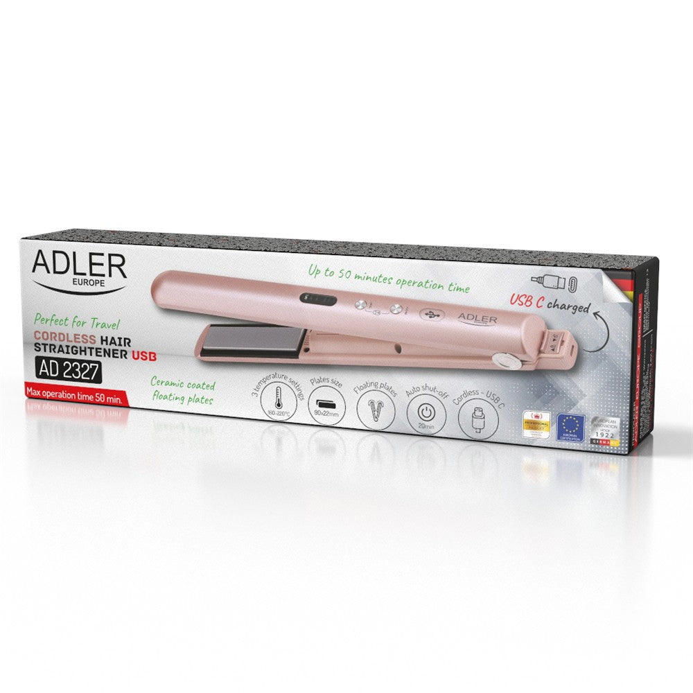 Adler AD 2327p Akku Glätteisen kabellos, USB-C Reise-Haarglätter mit Keramikplatten, LED-Display, 3 Temperaturstufen, Aufbewahrungsbeutel, Rosa