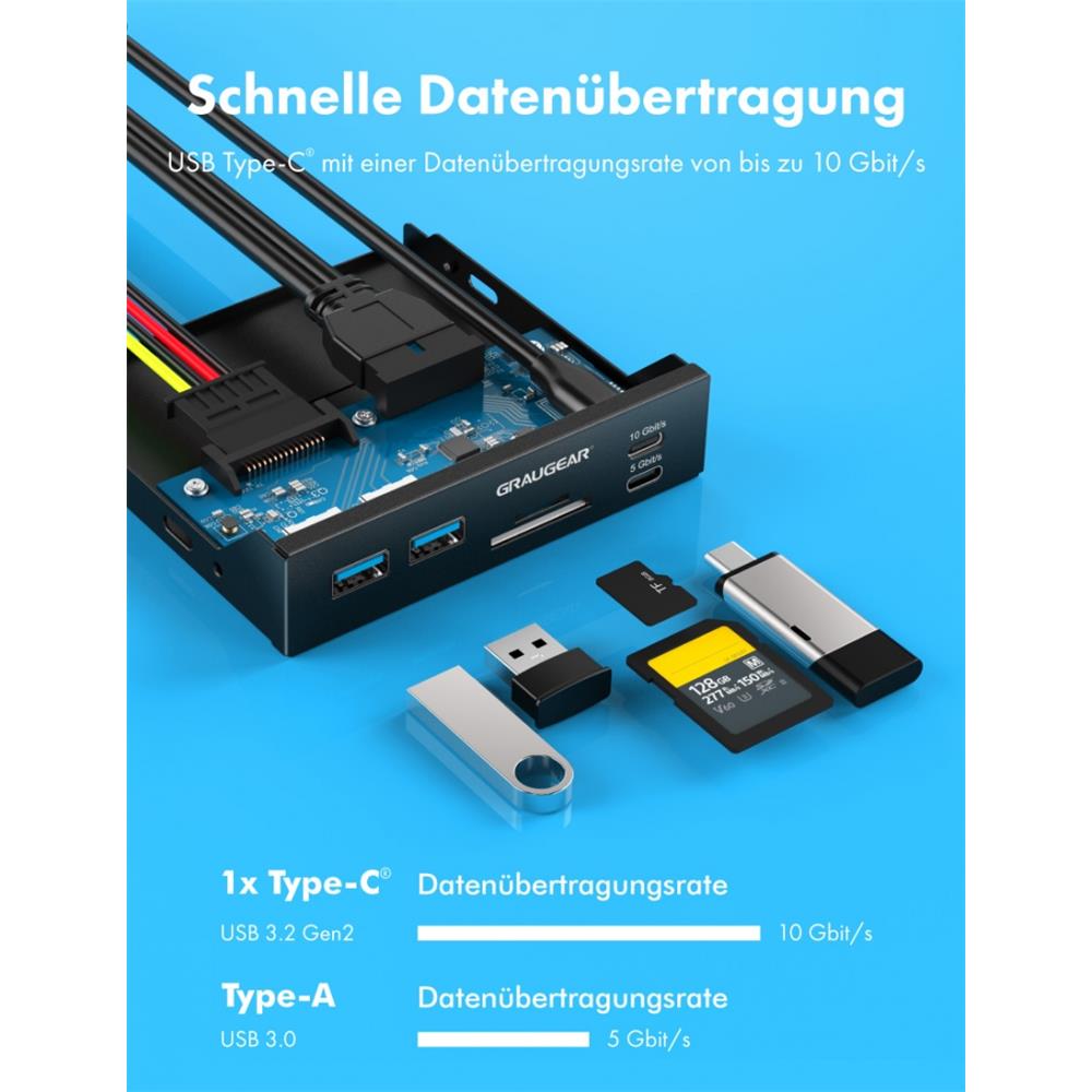 GRAUGEAR Multi Frontblende mit USB Hub Kartenleser Front Panel 2 x USB--C 20 Gbit/s 2 x USB-A Frontpanel 3,5" Schacht USB3.2 Gen2 Key-A 20 pin