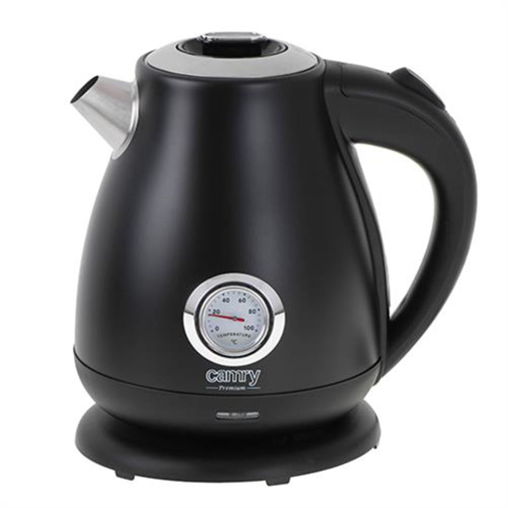 Camry CR 1344b Retro Wasserkocher mit Thermometer, 1,7 L Edelstahl Wasserkocher mit analoger Temperaturanzeige, 360° Basis, Kalkfilter, Teekocher für Tee, Kaffee, Schwarz